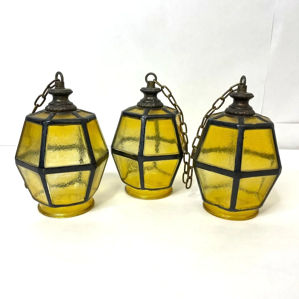 Set of 3 Amber Glass Lantern Style Lamp Shades MCM‎ Gothic Medieval 3